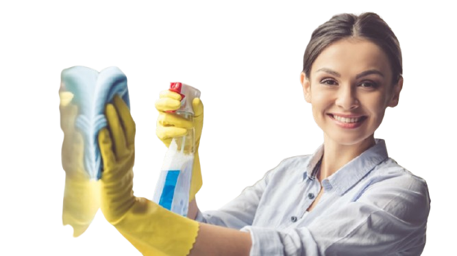 A woman in gloves holds a sponge, ready to clean or scrub a surface with focused determination.